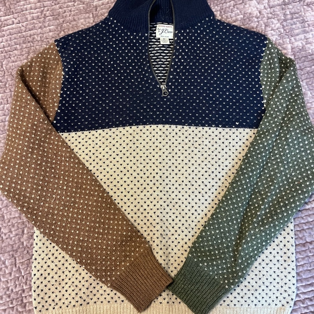 J. Crew Men’s Colorblock Half-Zip Sweater in Navy, Cream, Brown & Green